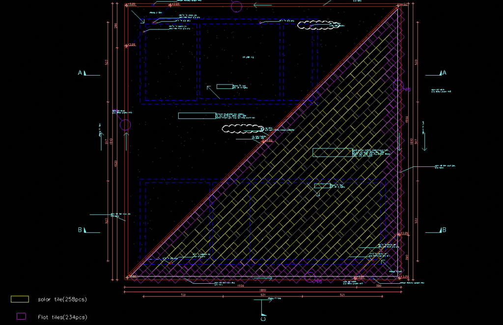 תכנון גג רעפים סולארי, שרטוט פריסה של אריחי הגג 