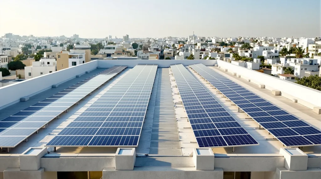 מערכת סולארית על גג שטוח של בניין מגורים בישראל: שורות פאנלים על מסגרות הטיה עם עיגון בלסט, ומרווחי גישה ביניהן